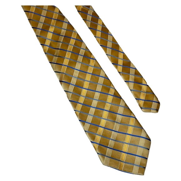 Vintage Wide Silk Tie Preswick and Moore Gold Blue Plaid Classic Retro Necktie - Picture 1 of 9